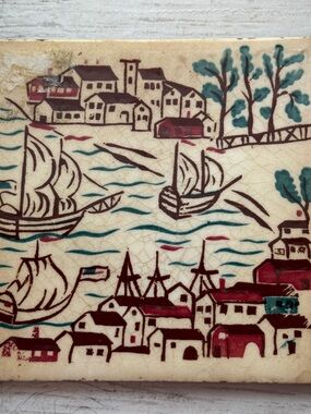 Wheeling Hand-Painted Ceramic Tile Panel with Harbor Motif - White Teal Burgundy